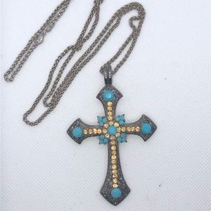 Vintage Jewelry - Vintage Turquoise Rhinestone Cross Necklace Vintage Jewelry - Vintage Turquoise Rhinestone Cross Necklace